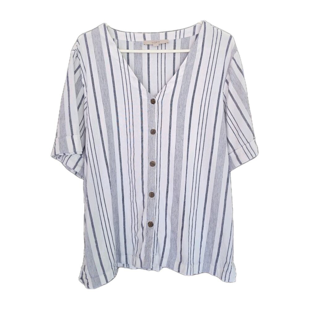White Stripe Linen Ann Taylor Loft Top Womens XL Blue Button Up Beachy Casual
